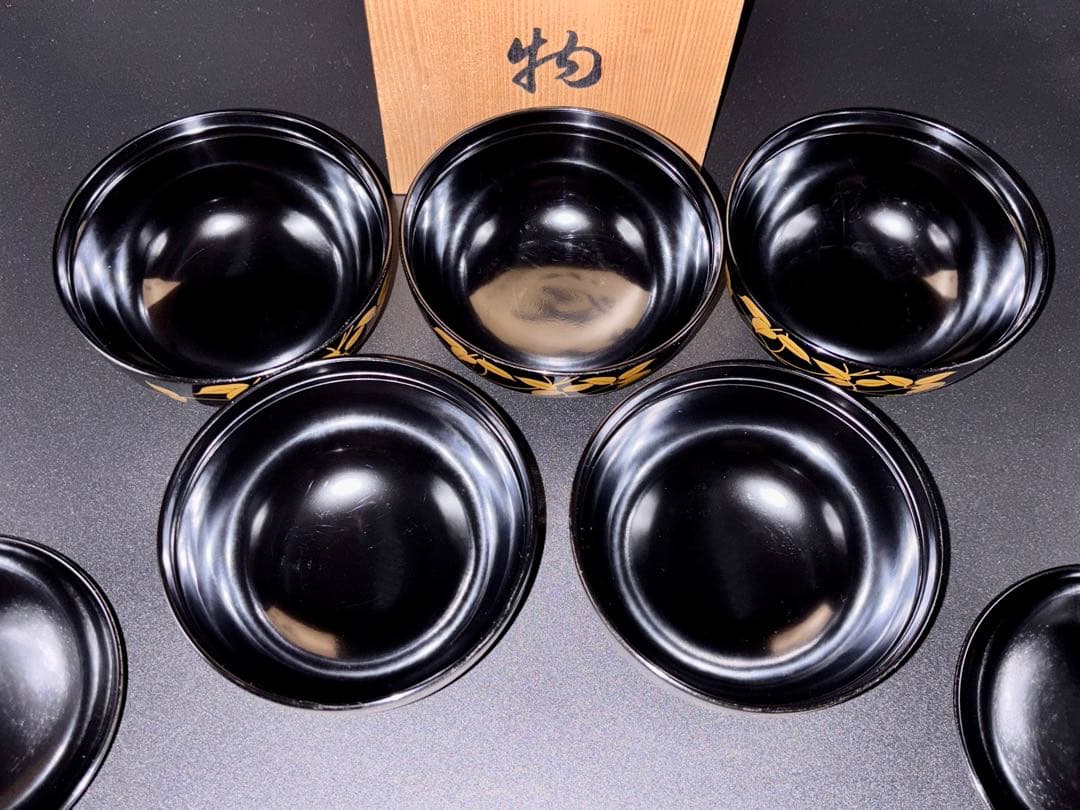 希少 会津塗り 蓋付きお椀5客・茶托5客 セット 漆器 箱付 味噌汁