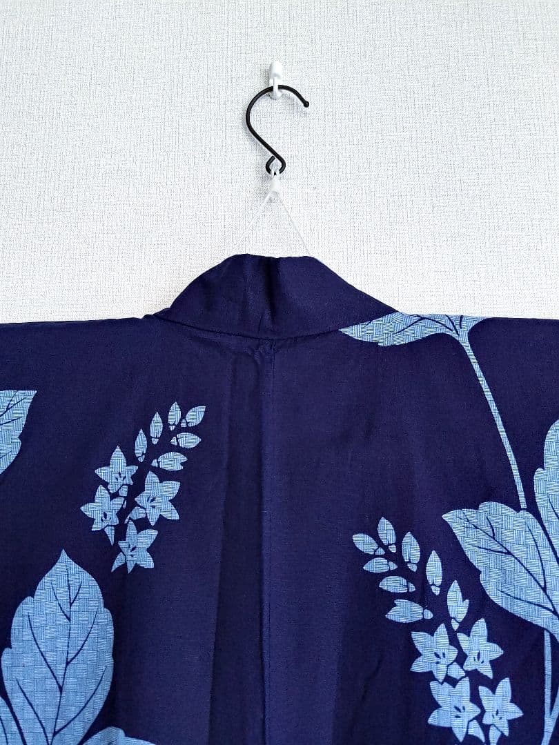 あやのん★百貨店仕立浴衣葉柄花柄藍色ネイビーくすみブルー注染紺地紺色高島屋