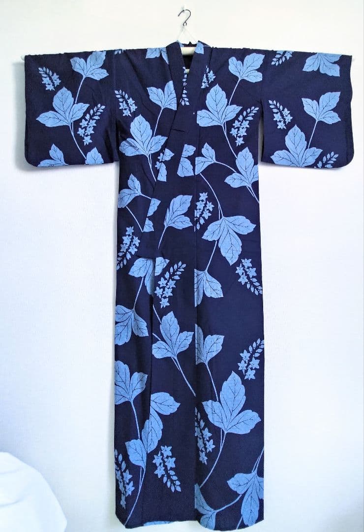 あやのん★百貨店仕立浴衣葉柄花柄藍色ネイビーくすみブルー注染紺地紺色高島屋