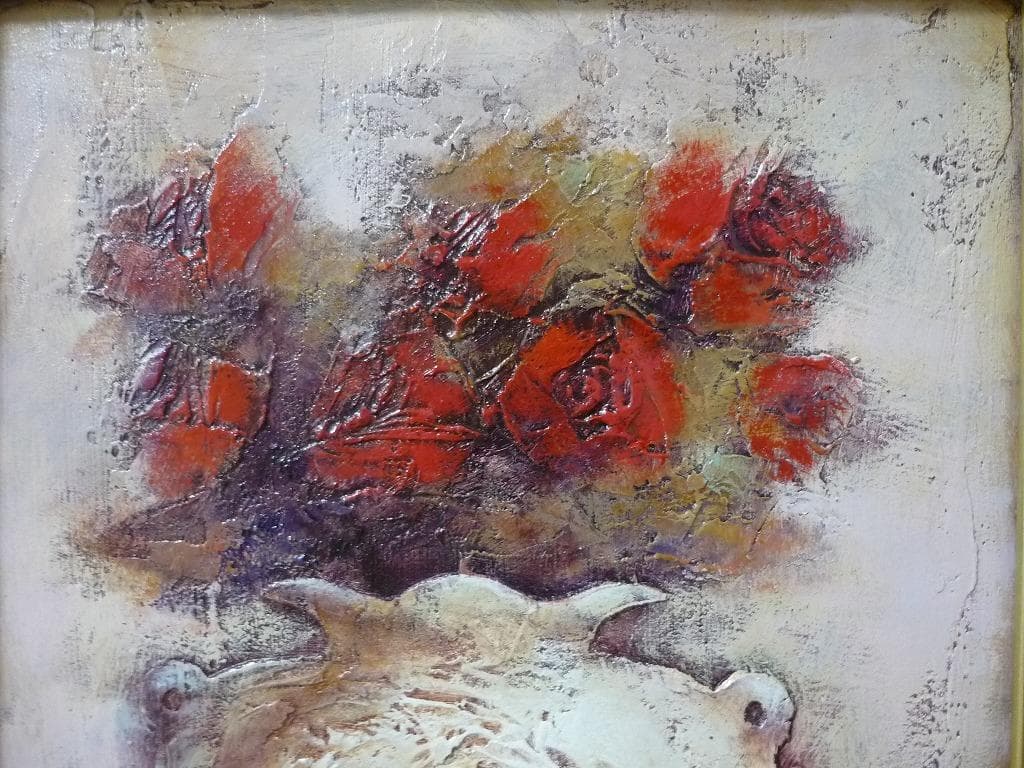 真作】☆絵画☆伊藤順一 油彩3号 紅い花 箱・黄袋入