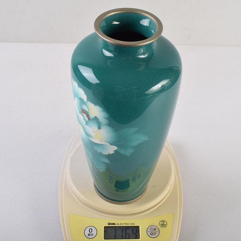 七宝焼 緑釉 花文 花瓶 共箱 V R9334