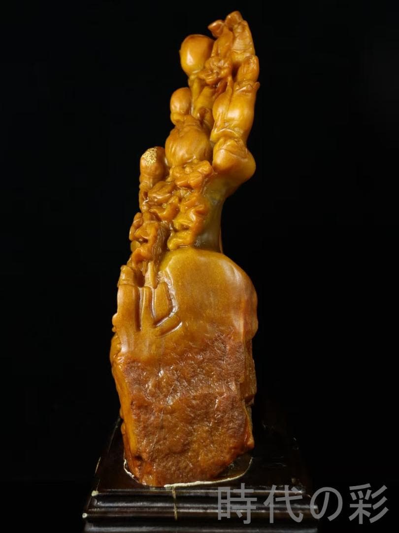 中国古美術【田黄石 錦上添花】篆刻家 醉石作款 鏤空細工 手彫り 細作 在