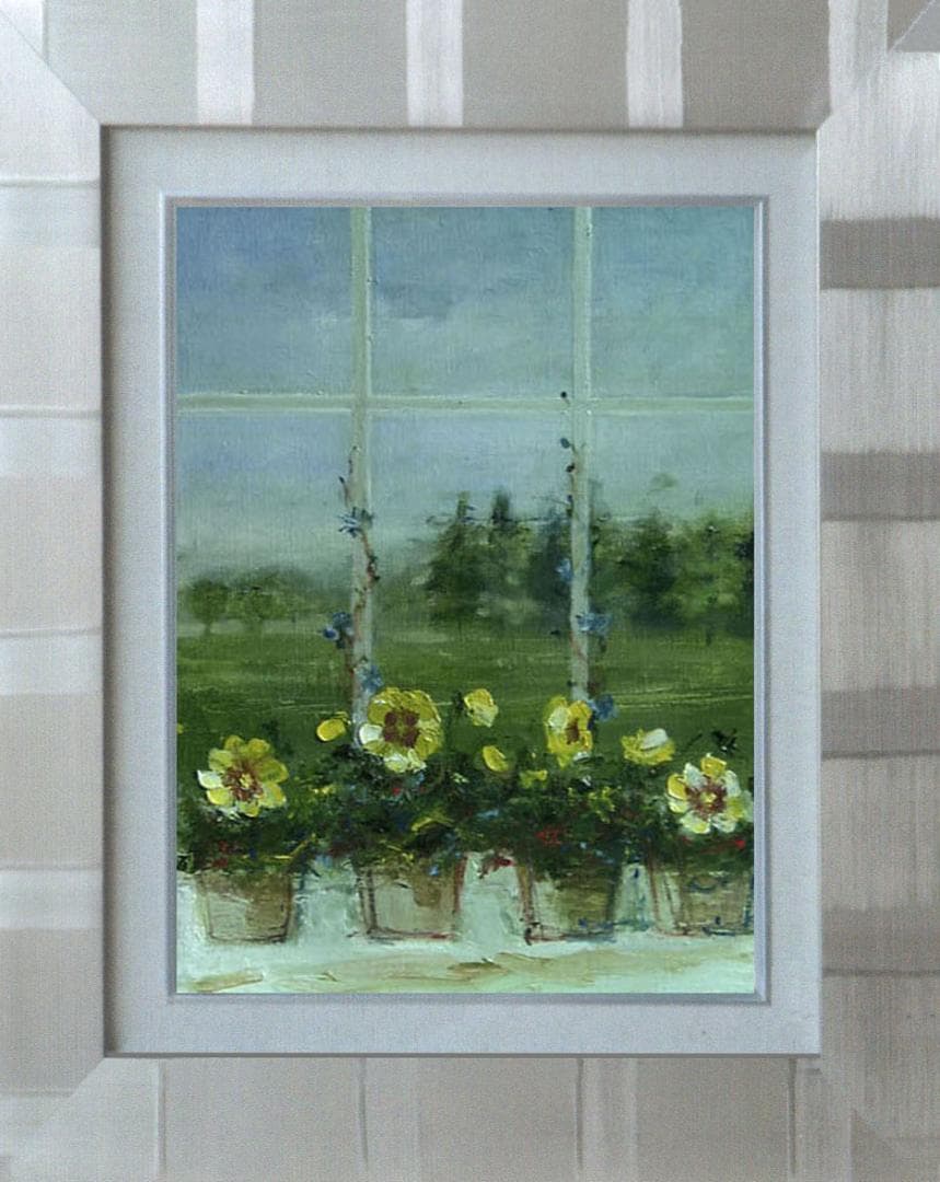 油絵 菅家令子 絵 絵画インテリア 額付(青緑＋金色の枠)F4-070402 花