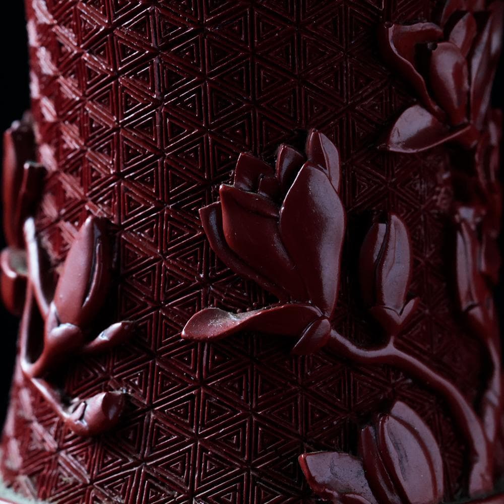 T中国美術 堆朱 花瓶 細密花鳥彫 朱塗り 漆器 古玩