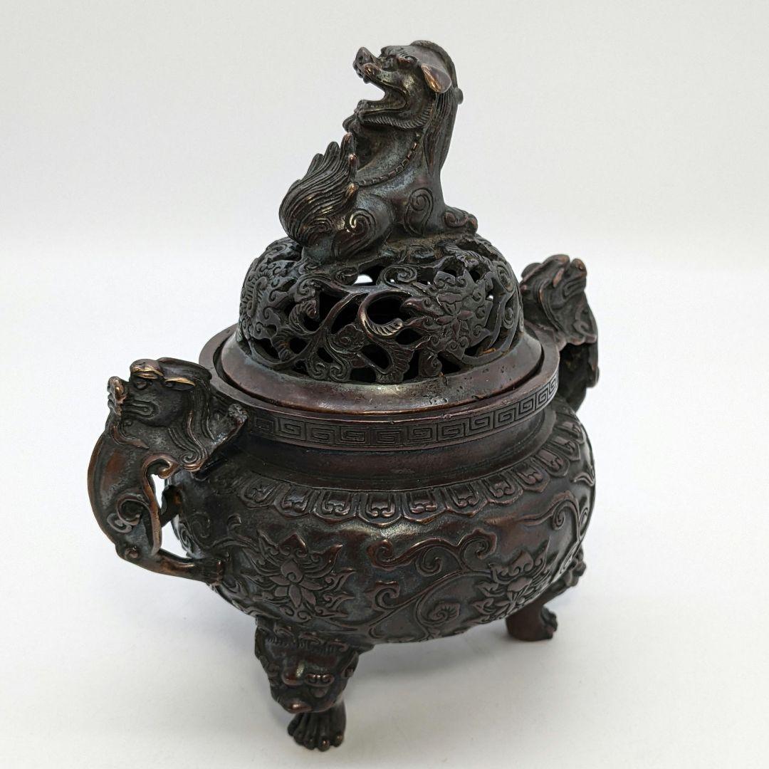 唐銅 三足獅子頭香炉 獅子摘み香炉 中国美術 乾隆年製 鋳銅 銅器 工芸