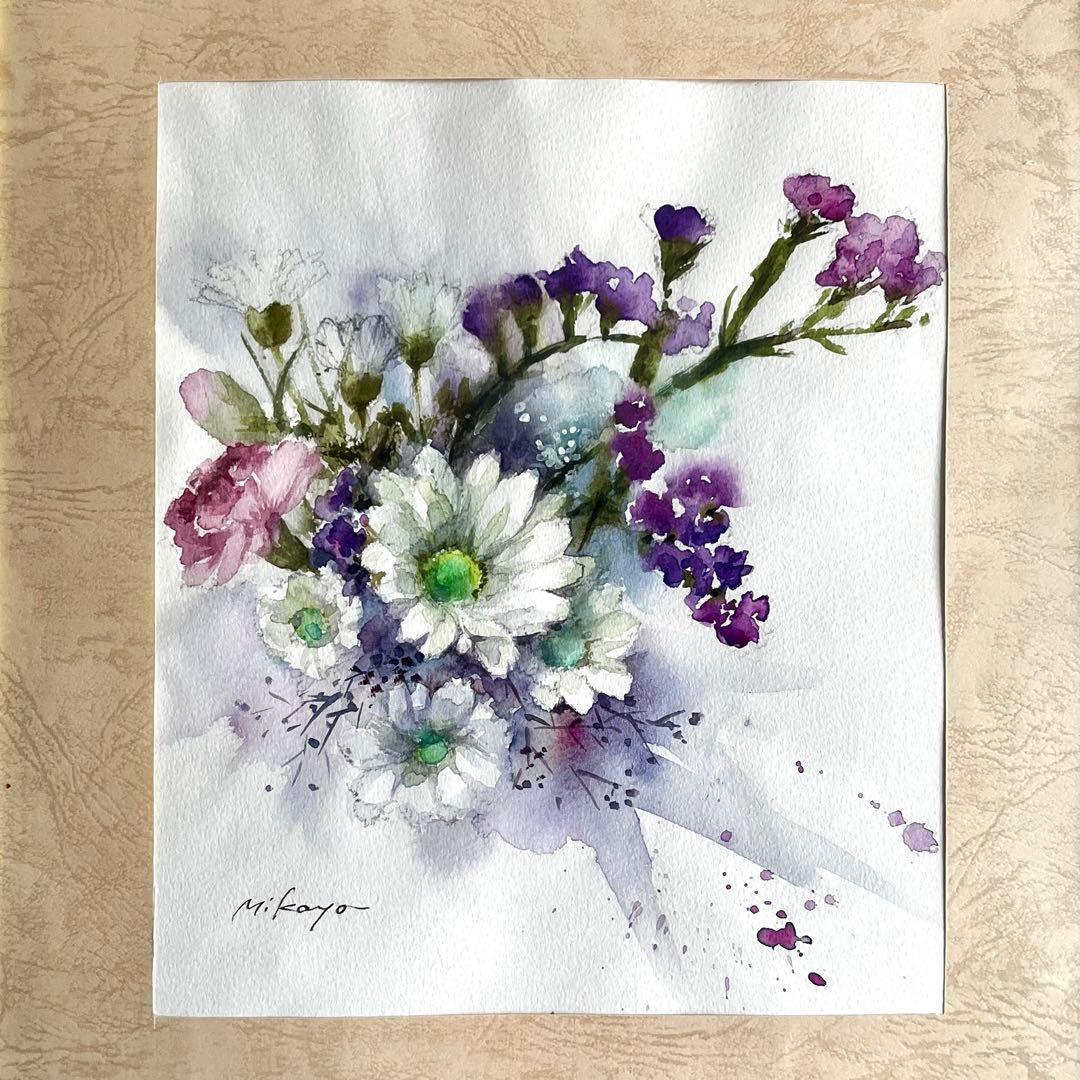 水彩画 原画 花 フラワー 井上美香代 真作 絵画 白菊 スターチス 浄化 開運