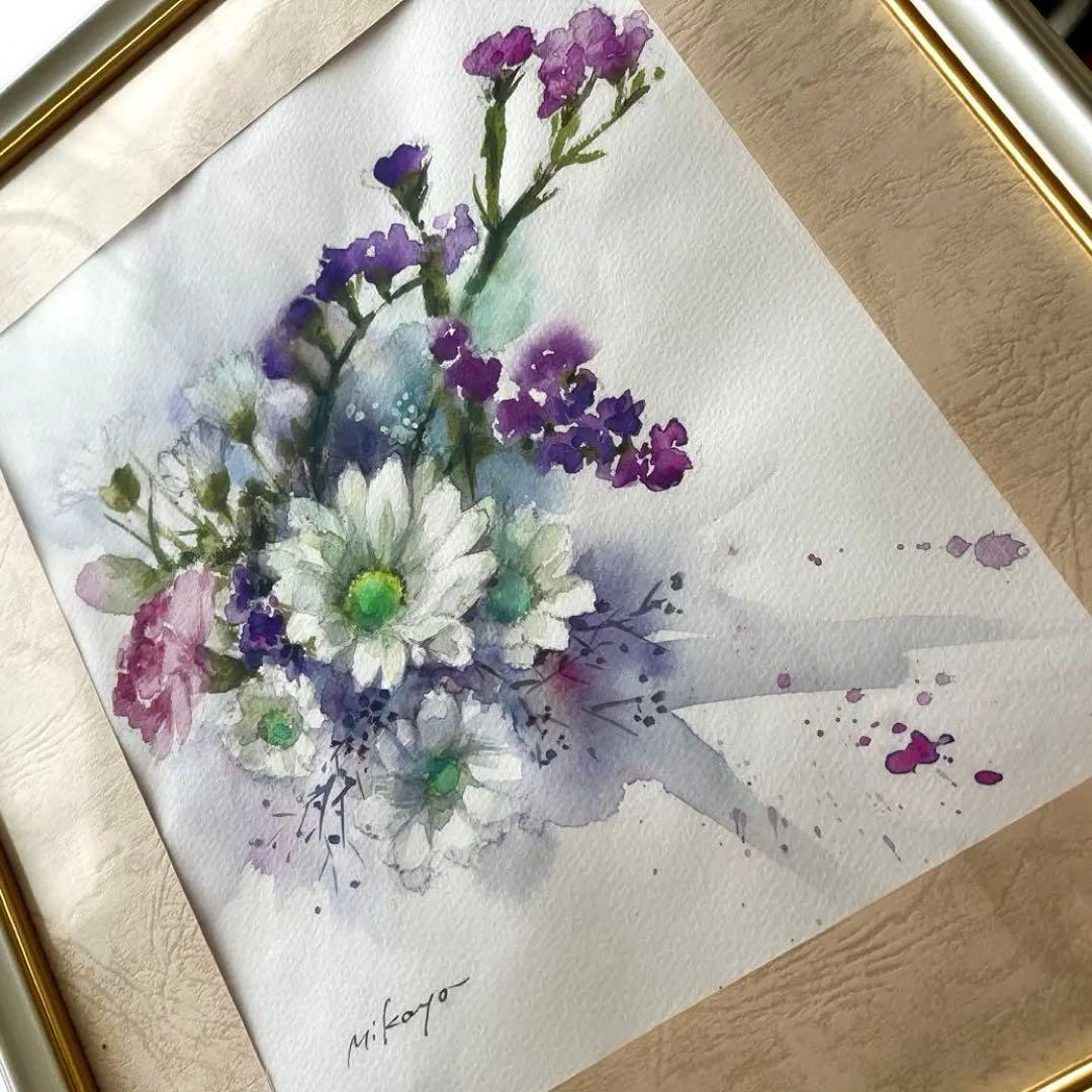 水彩画 原画 花 フラワー 井上美香代 真作 絵画 白菊 スターチス 浄化 開運