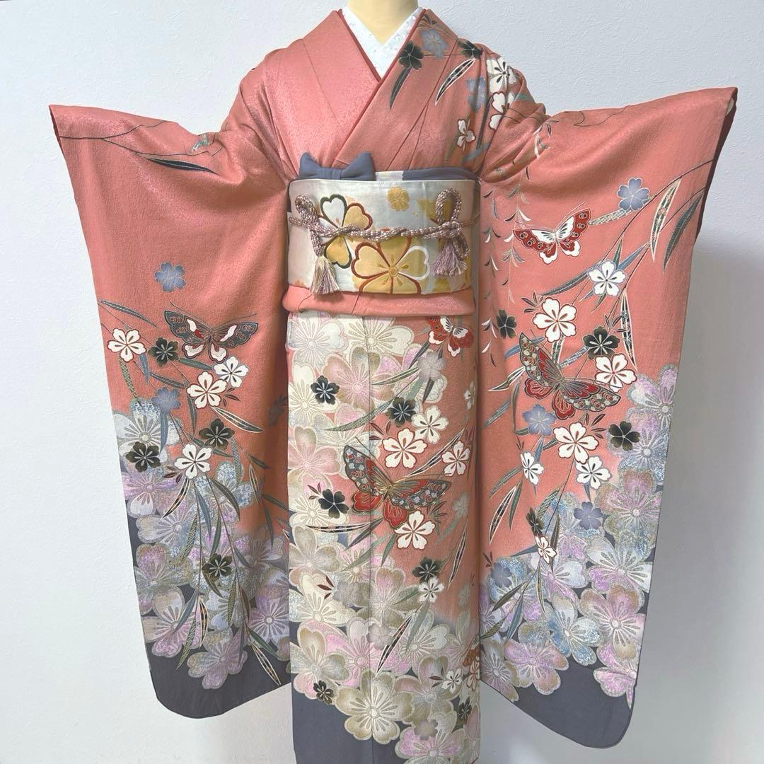 394 振袖フルセット 正絹 ダスティピンク くすみピンク 桃 金彩 暈し