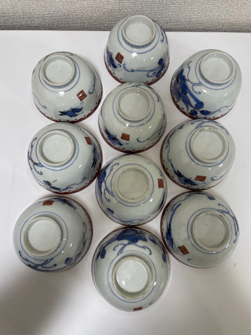 現状品】古伊万里 染付 蓋付飯碗10客 金彩 蝶 レトロ アンティーク