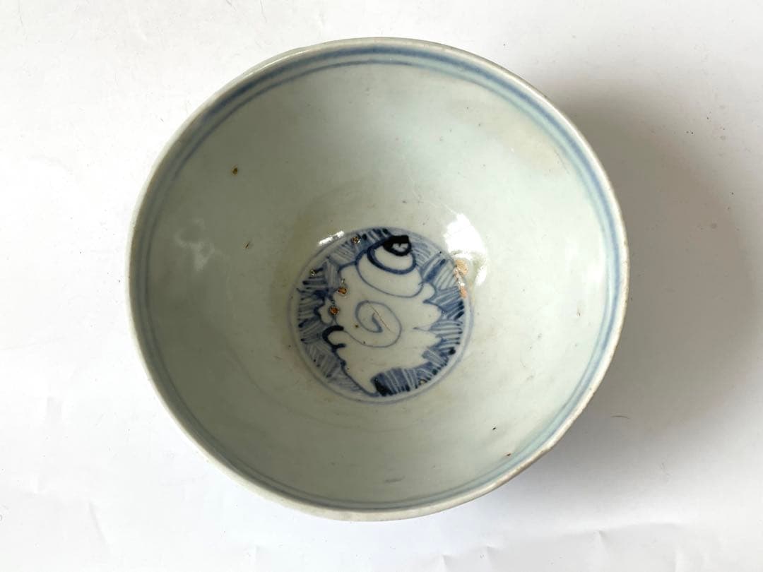 骨董　アンティーク　染付　明染付　芭蕉文様　巻貝文様　茶碗　抹茶碗