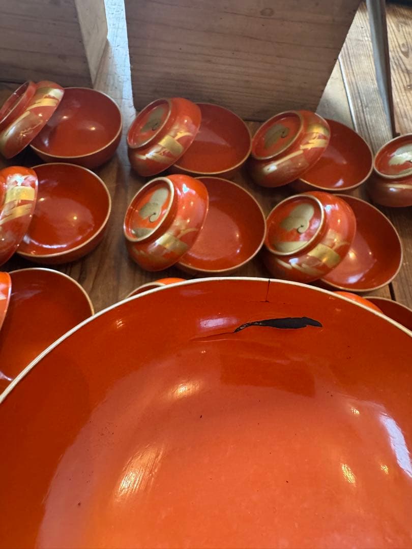 「明治〜大正 骨董 漆器 吸物椀 20客 ■華やか鶴蒔絵 ■箱付き ■送料込み」