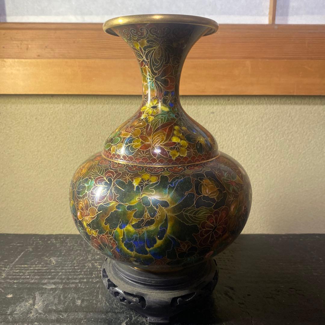 七宝焼 青透釉 花鳥文 花瓶 唐木台・時代箱付 M R9422 Yahoo