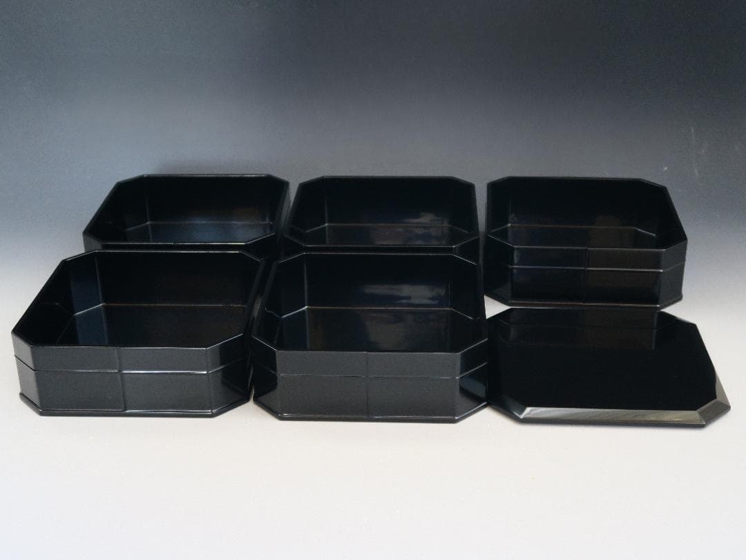 輪島塗】縁高重 五段重 弘悦作 黒真塗 天然木 共