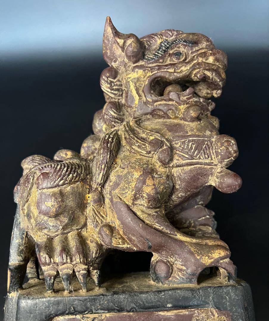 ◎古道具 庵々◎清朝中後期 木彫 守護獅子置物◎狛犬 唐物中国古美術