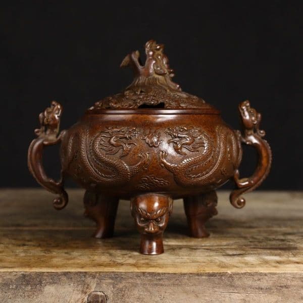 銅製 双竜獣足薫香炉 祥竜纏纏香炉 香道具 装飾品 工芸品 置物