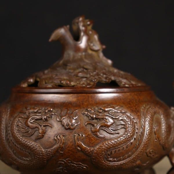 銅製 双竜獣足薫香炉 祥竜纏纏香炉 香道具 装飾品 工芸品 置物