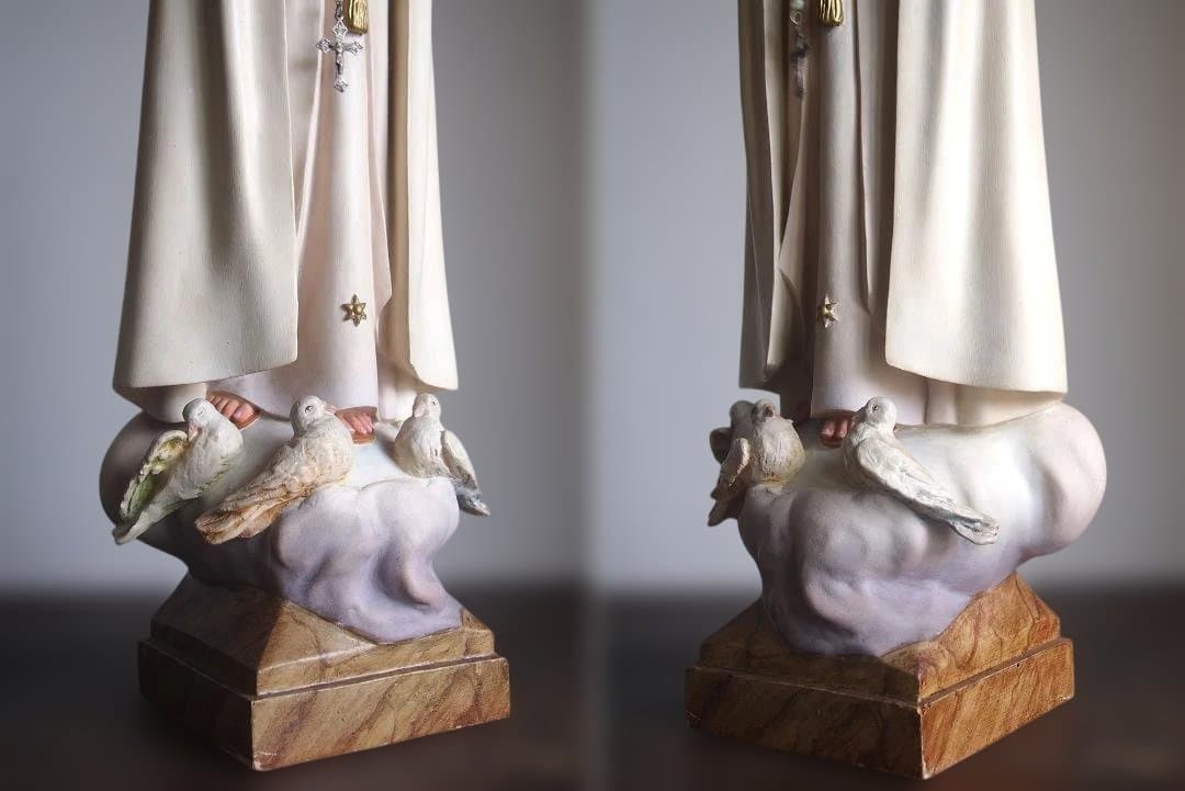 白いローブのファティマの聖母マリア像 グラスアイ69cm 宗教彫刻/K149