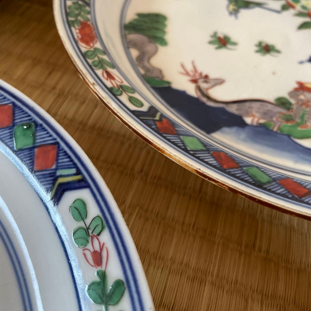 五彩猿鹿蜂文七寸皿 5客 大明成化年製