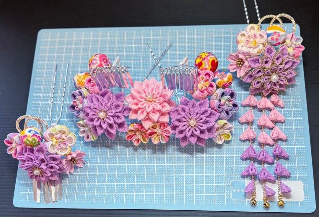 七五三髪飾りセット つまみ細工 パステルカラー ライラック色×桜色 7-30