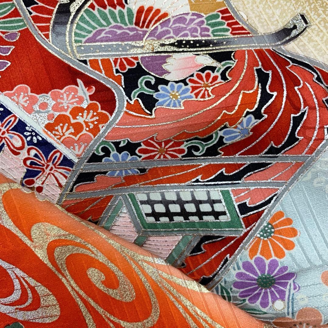 512agu9□七五三 7歳 女児 着物のみ 金彩 御所車 花□美品