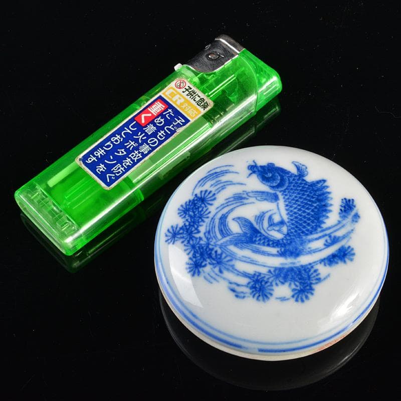 中国 景徳鎮製款 青花 魚藻文 香合 時代箱付 C R6154