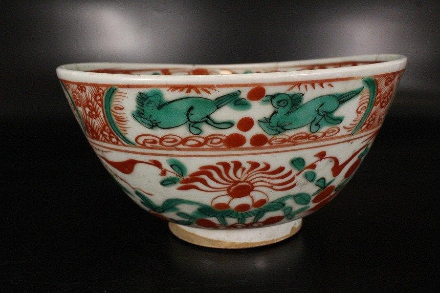 中国美術 呉須赤絵 魁紋 碗 φ21cm 旧家蔵出