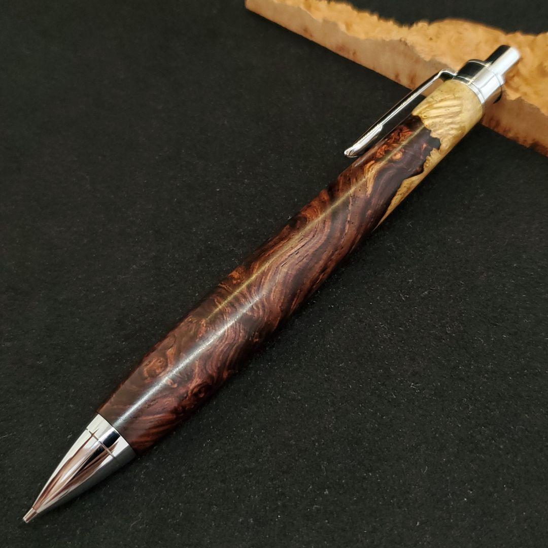 No.28ハンドメイド木軸シャーペンロースウッド瘤蜜蝋ワックス仕上げ