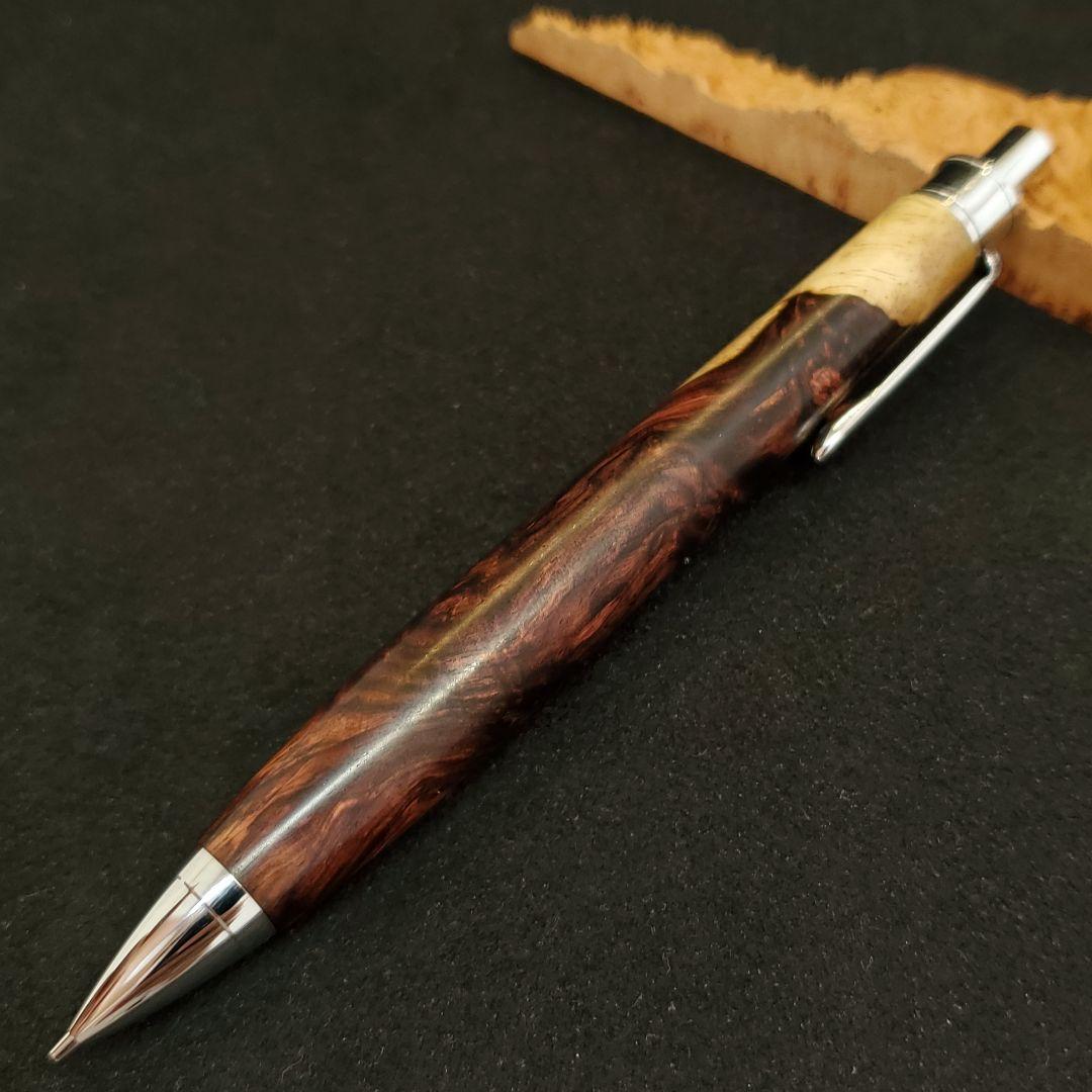 No.28ハンドメイド木軸シャーペンロースウッド瘤蜜蝋ワックス仕上げ