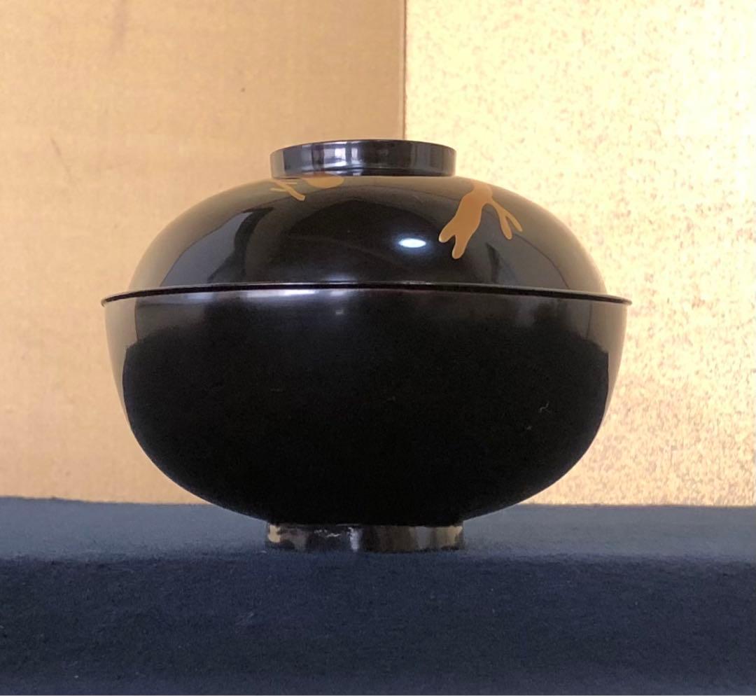 《レ》黒塗 鶴松蒔絵 吸物椀10客 木製漆器 木箱　251117え2