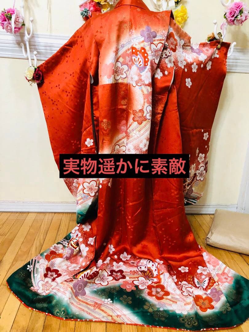 七五三七歳‼️豪華正絹尽くし⭐︎人気赤地暈し⭐︎蝶々金糸刺繍花々金彩⭐︎ 完全フルセット