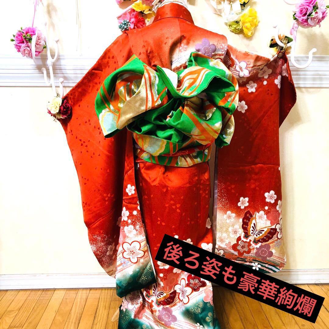 七五三七歳‼️豪華正絹尽くし⭐︎人気赤地暈し⭐︎蝶々金糸刺繍花々金彩⭐︎ 完全フルセット