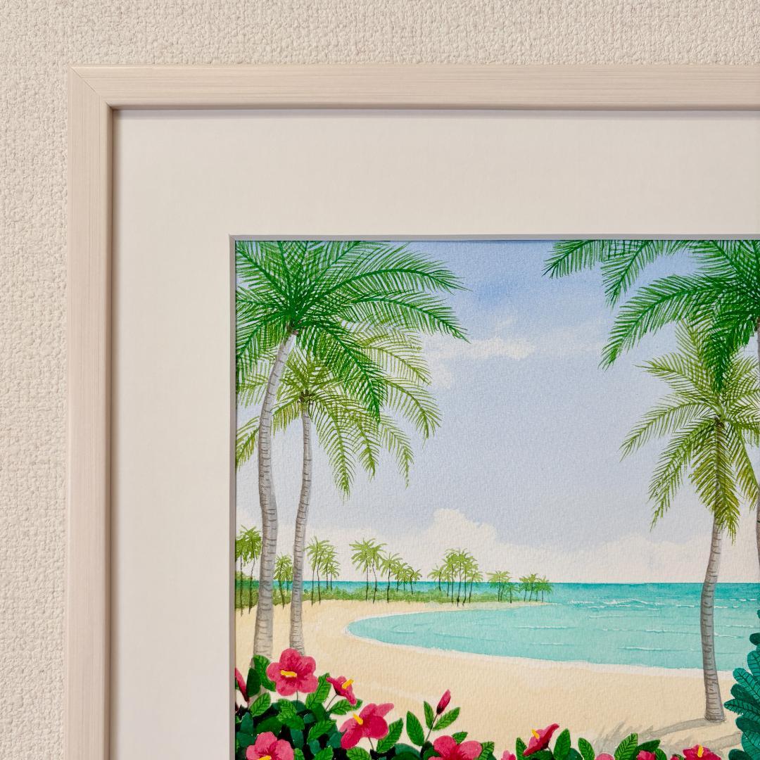 透明水彩画　原画　「ハイビスカスとプルメリア」額縁付き　F4サイズ　風景画