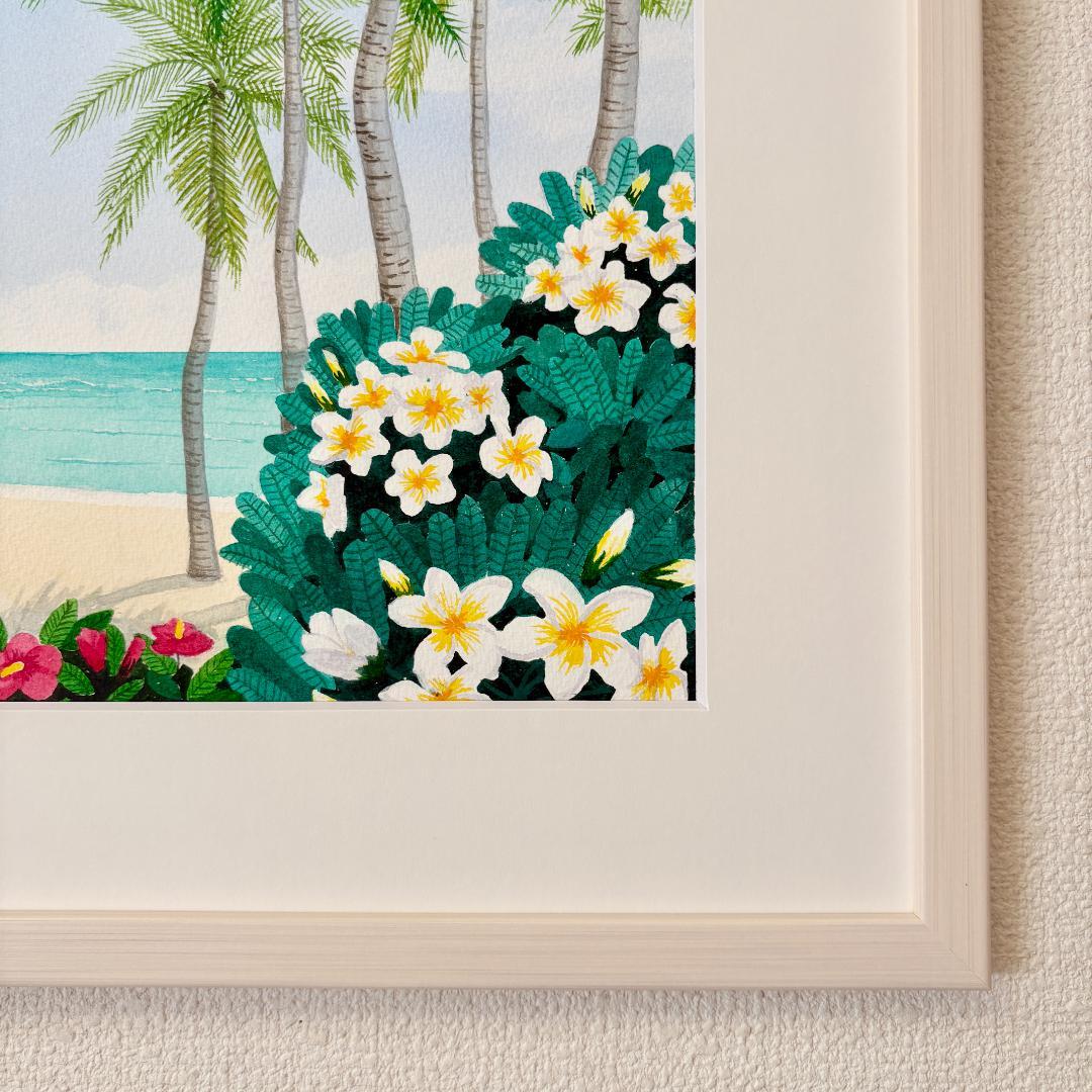 透明水彩画　原画　「ハイビスカスとプルメリア」額縁付き　F4サイズ　風景画