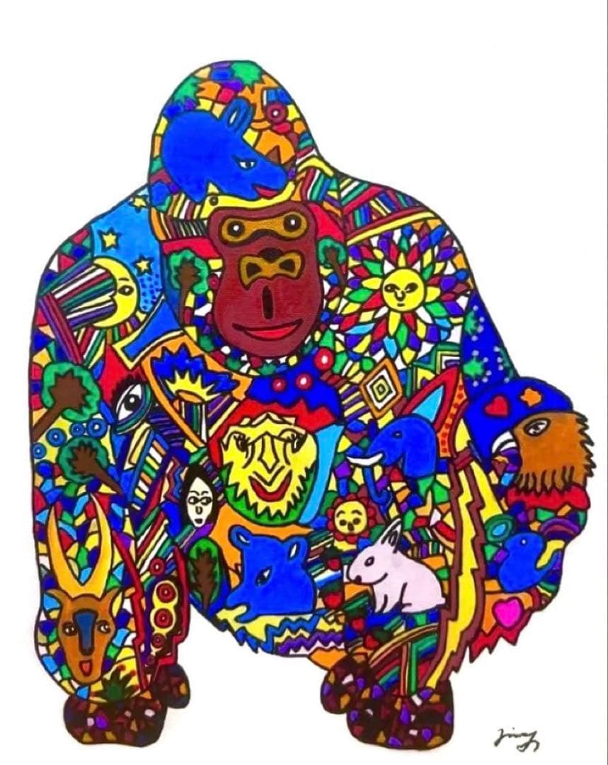 F6号】ジミー大西 （ゴリラ）手描き/表裏サイン有り/油彩/アクリル/額縁