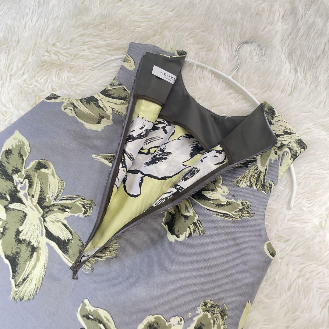 美品日本製 38【ADOREフラワージャガードひざ丈ドレス】ワンピース