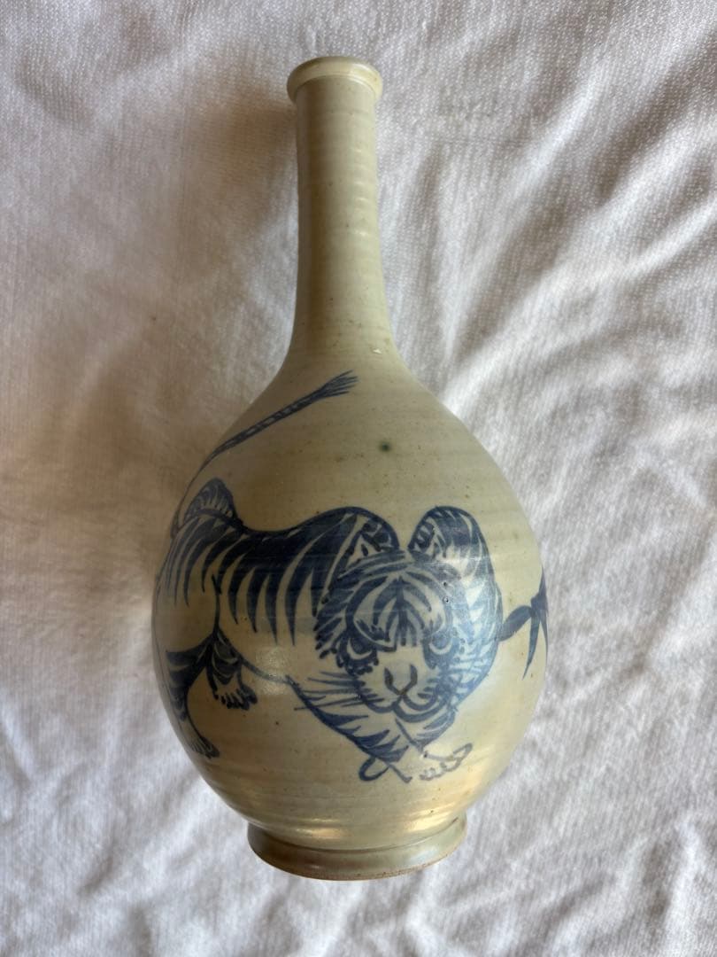 古伊万里　古染付 竹虎図 鶴首徳利　 花器 一輪挿し 時代物