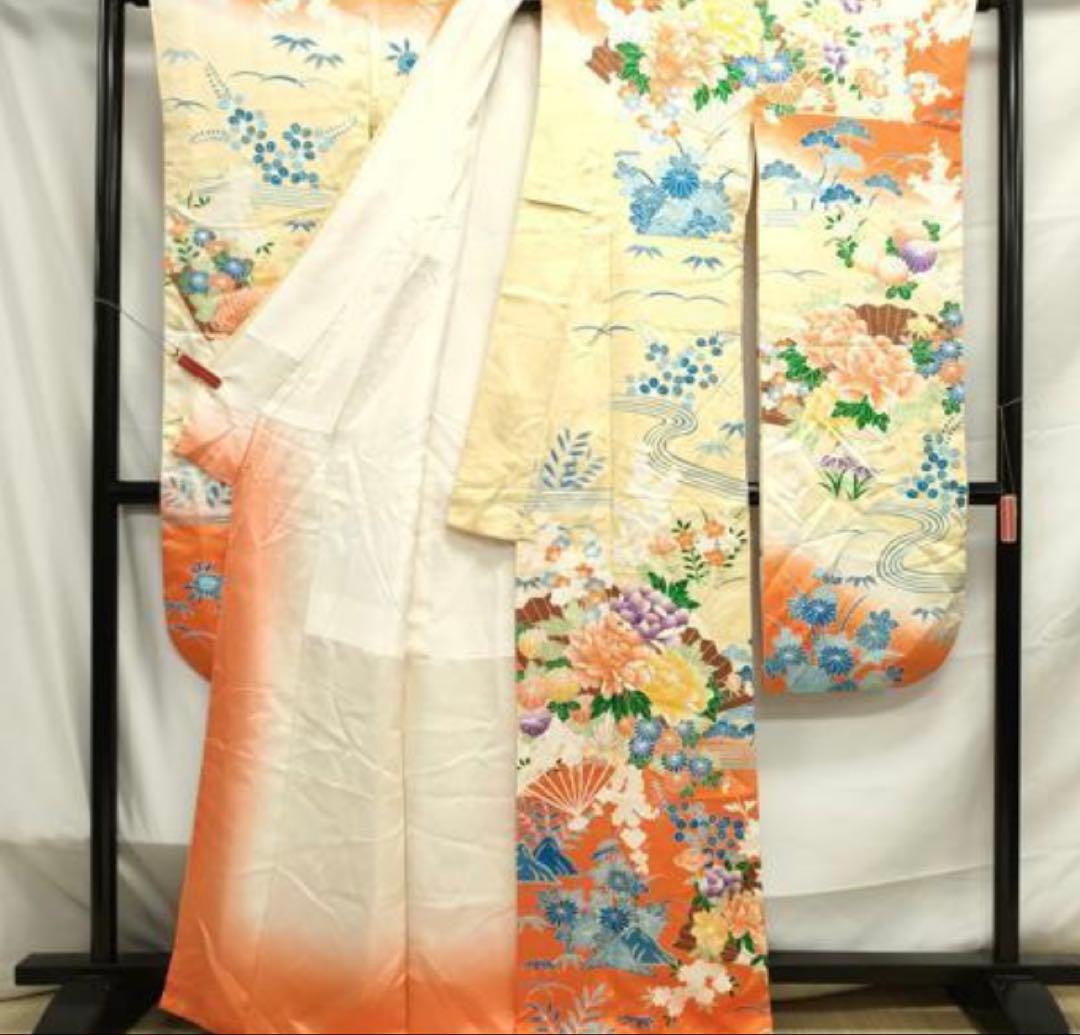 振袖 フルセット6点サイズM〜L 駒刺繍 扇面草花文 暈し