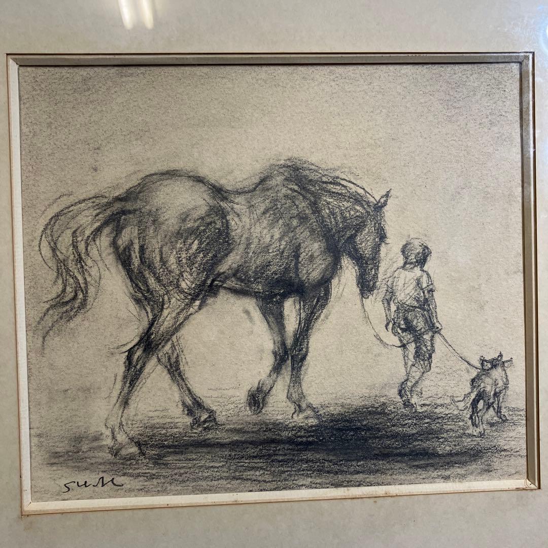 鉛筆デッサン　加藤助八「散歩」日動画廊シール　1977年宇宙展出品作