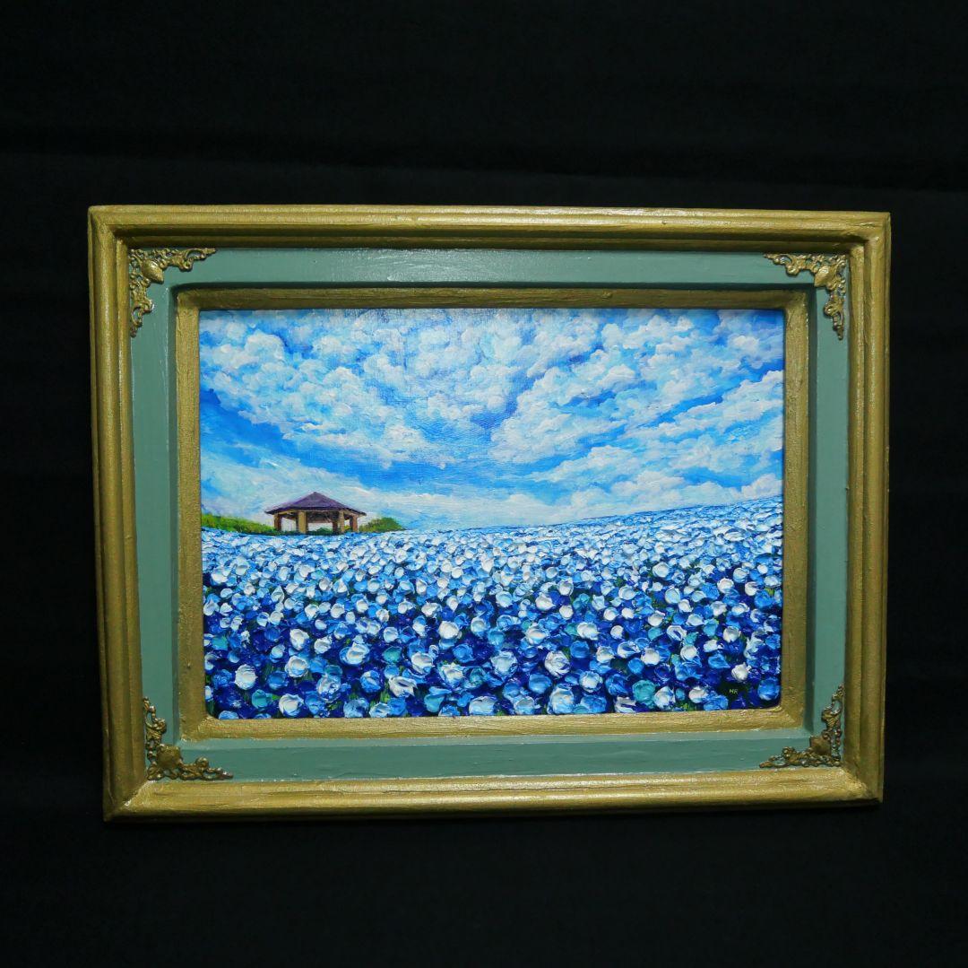 油絵 油彩 油彩画 絵 絵画【青空と雲のネモフィラ】