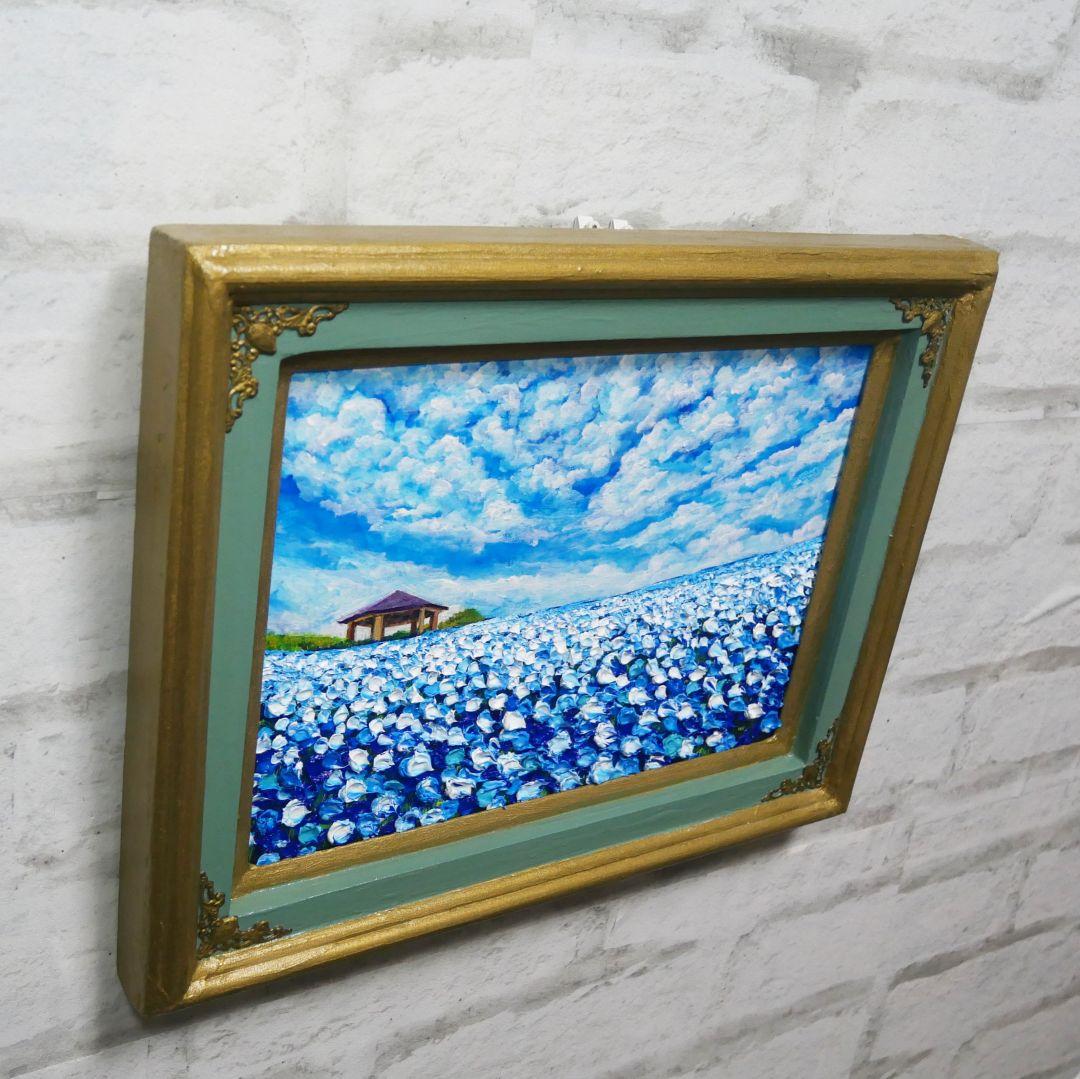 油絵 油彩 油彩画 絵 絵画【青空と雲のネモフィラ】