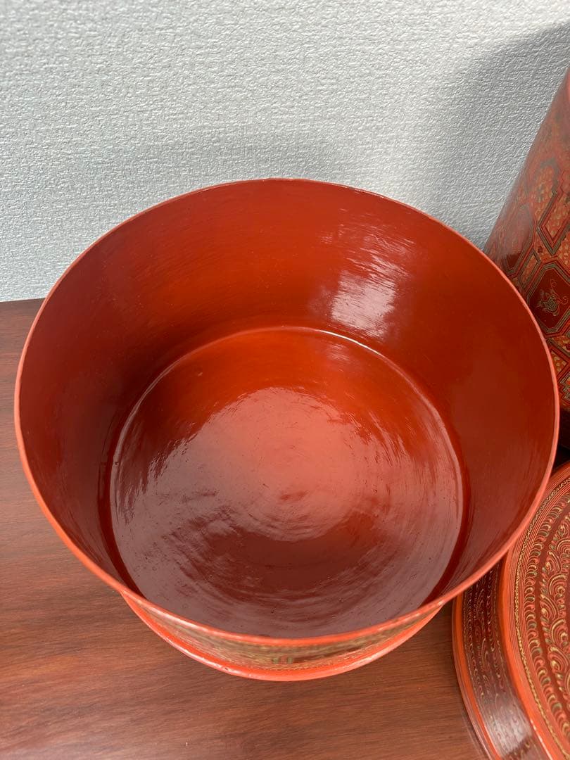 ミャンマー アンティーク 漆器 蒟醤 ビルマ 細密画 入れ子容器 ※31※