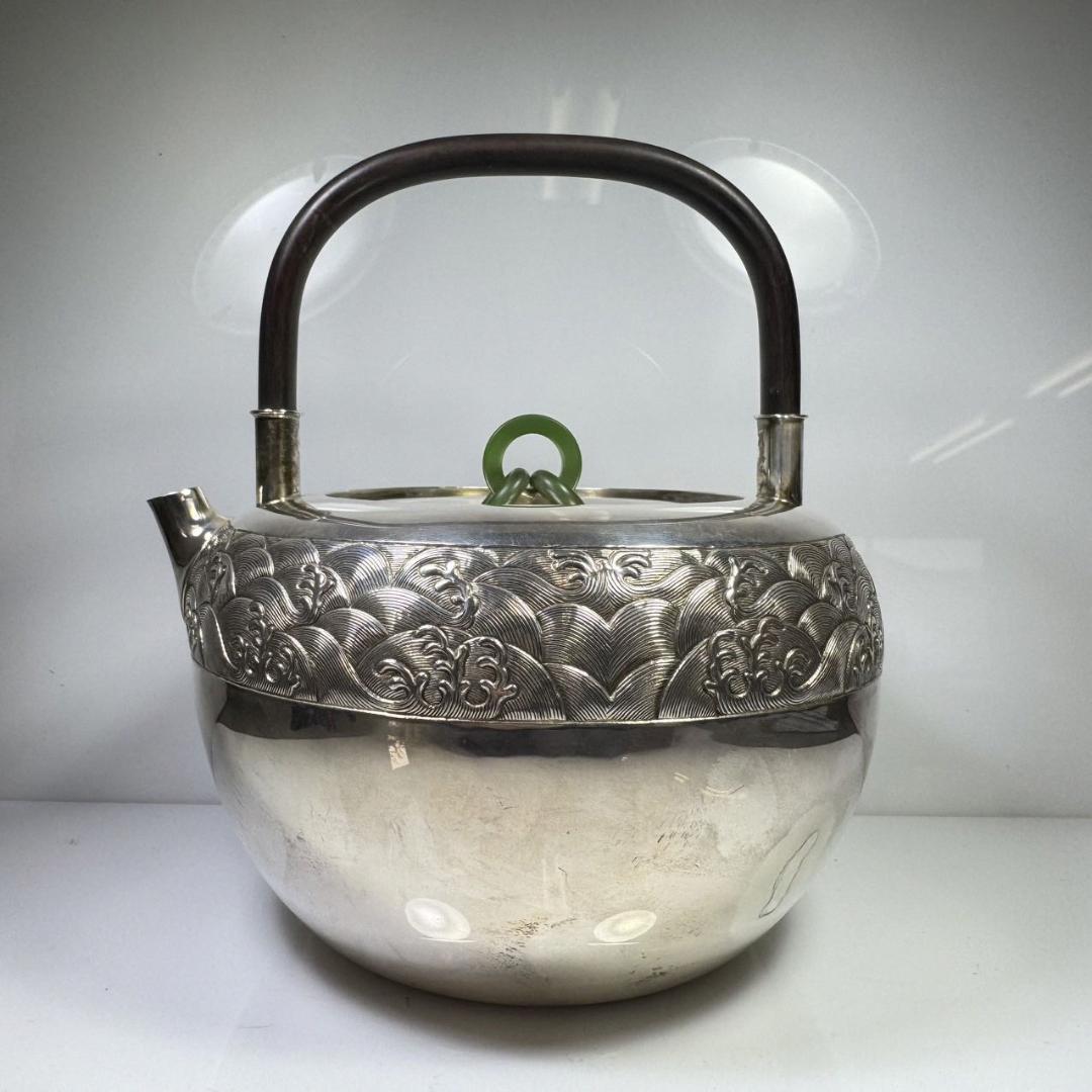 純銀製 東山造 紋波 湯沸 貴石摘 木取手 煎茶道具 古美術品 銀瓶 純銀保証