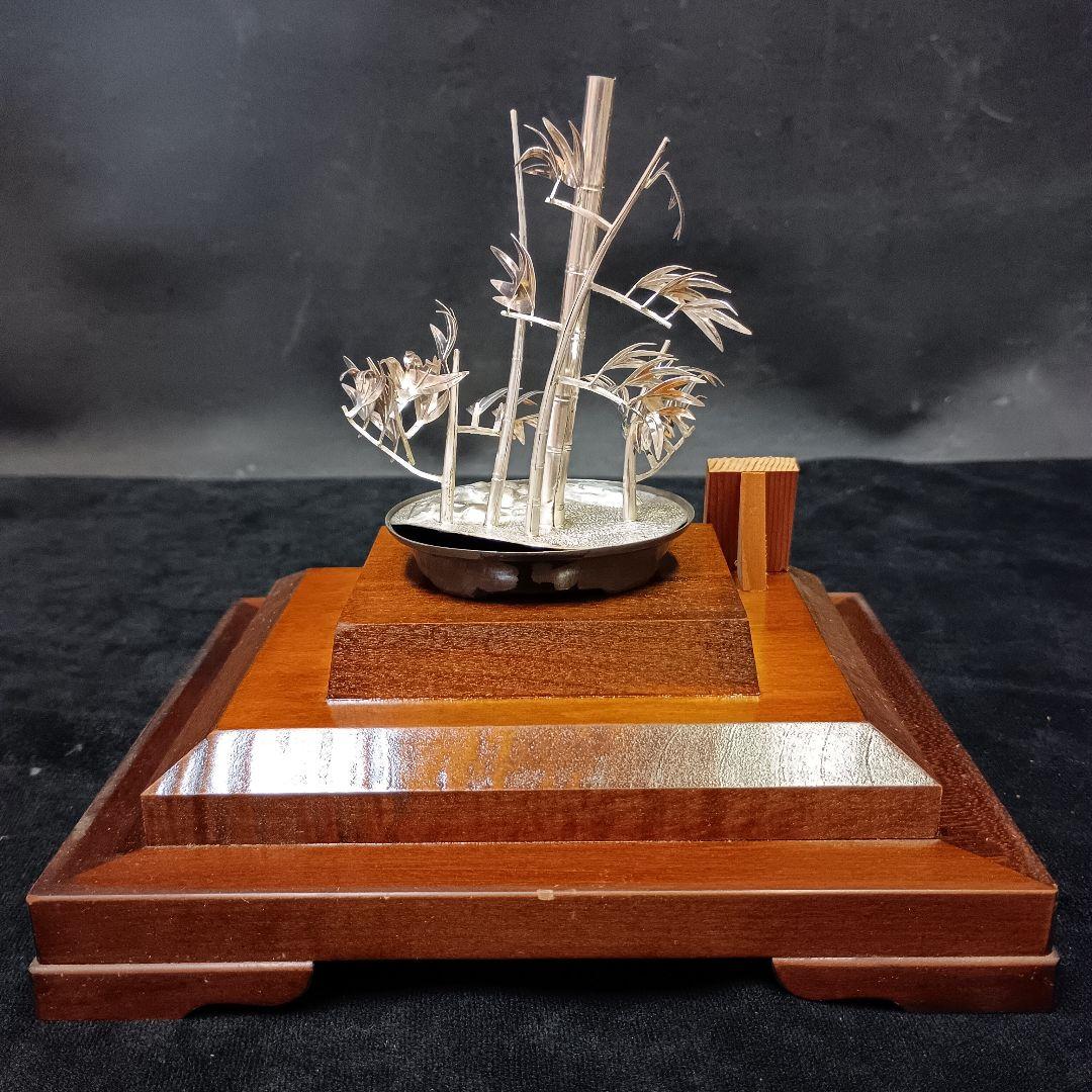 純銀製 竹 彫刻 光則作 ガラスケース付き 置物 竹盆栽