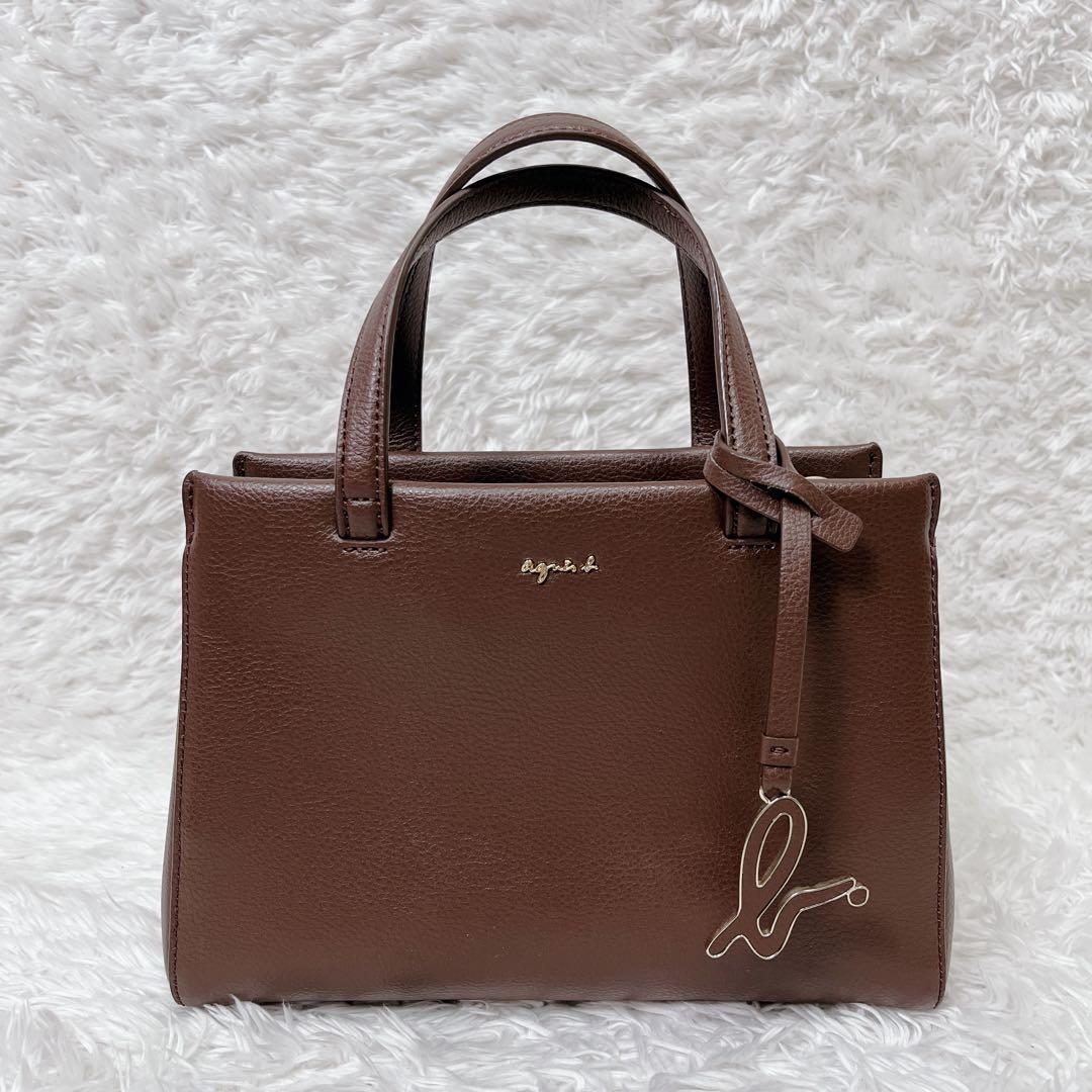 アニエスベー 2way レザーショルダーバッグ　ブラウン　チャーム ポーチ付