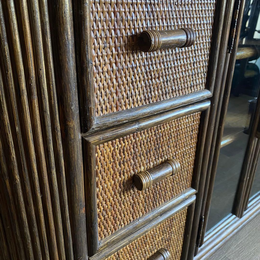 ラタン 籐 サイドボード テレビ台 ガラス扉 古家具 昭和レトロ