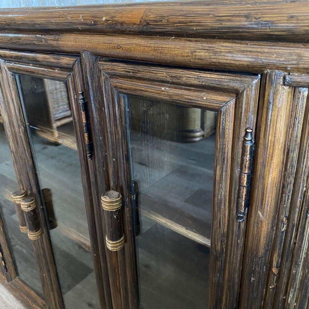 ラタン 籐 サイドボード テレビ台 ガラス扉 古家具 昭和レトロ