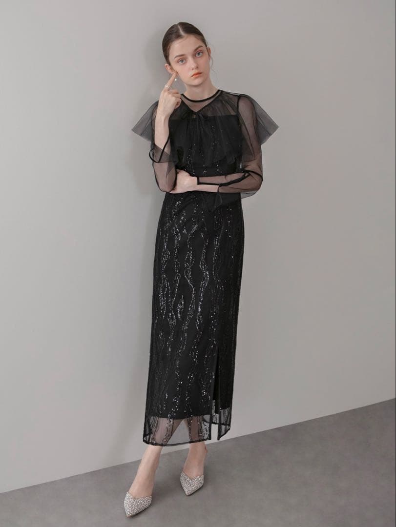 シアーケープスパンコールIラインワンピースドレス結婚式二次会成人式パーティー