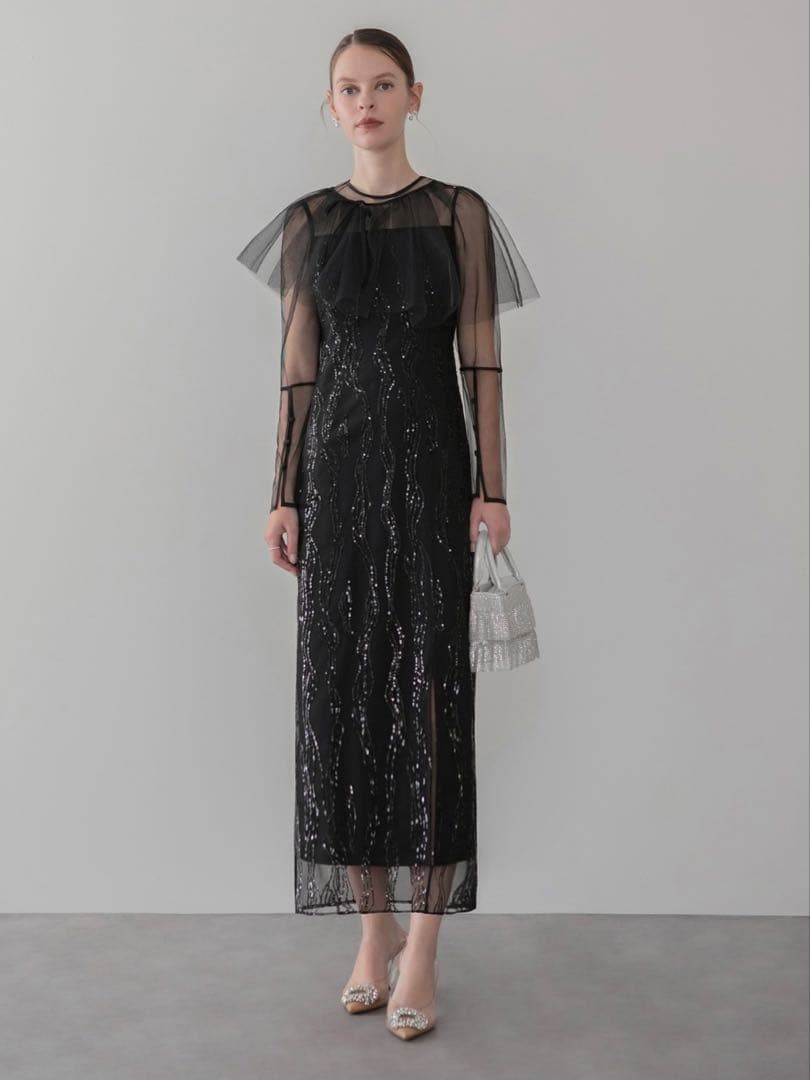 シアーケープスパンコールIラインワンピースドレス結婚式二次会成人式パーティー