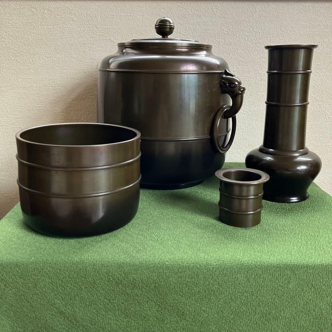 茶道唐銅皆具鬼面鎌付藤井宗喜 造 一式 茶道具 共箱