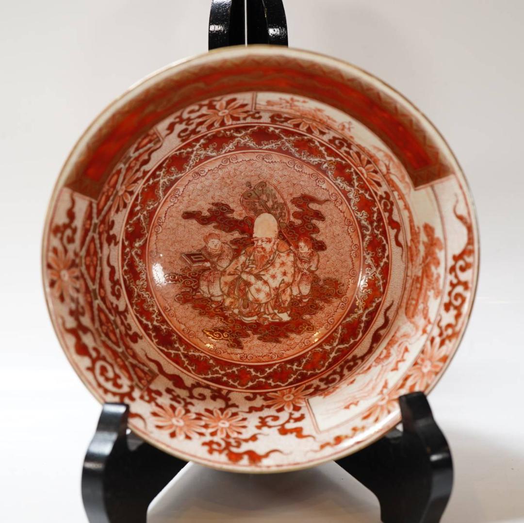 NA3424 九谷焼 加賀赤絵 丼 鉢 金彩 赤絵 共箱 名工 風景 花瓶